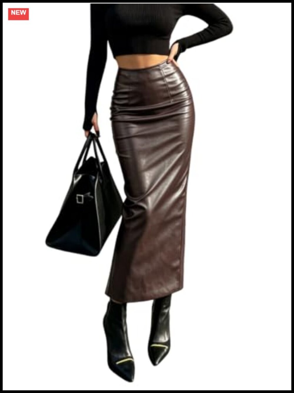 Faux Leather High Waist Bodycon Pencil Maxi Skirt with Back Slit
